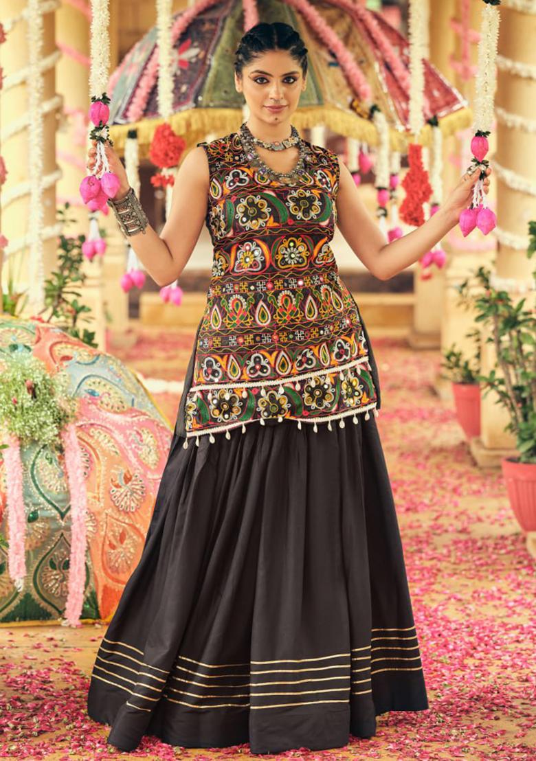 Black Embroidered Rayon Lehenga Choli - Indya