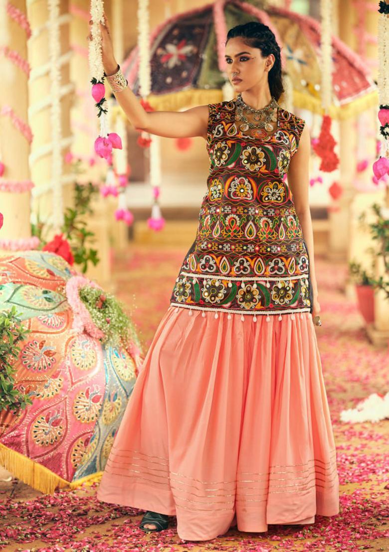 Peach Embroidered Rayon Lehenga Choli - Indya
