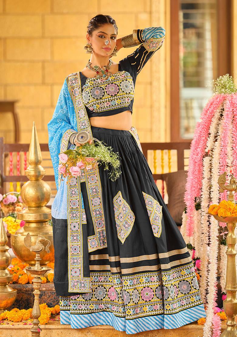 Black Embroidered Rayon Lehenga Choli - Indya