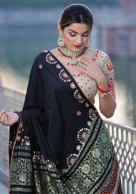 Blue Printed Silk Lehenga Choli