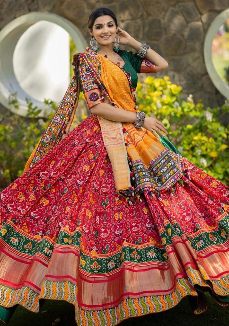 Red Printed Silk Lehenga Choli