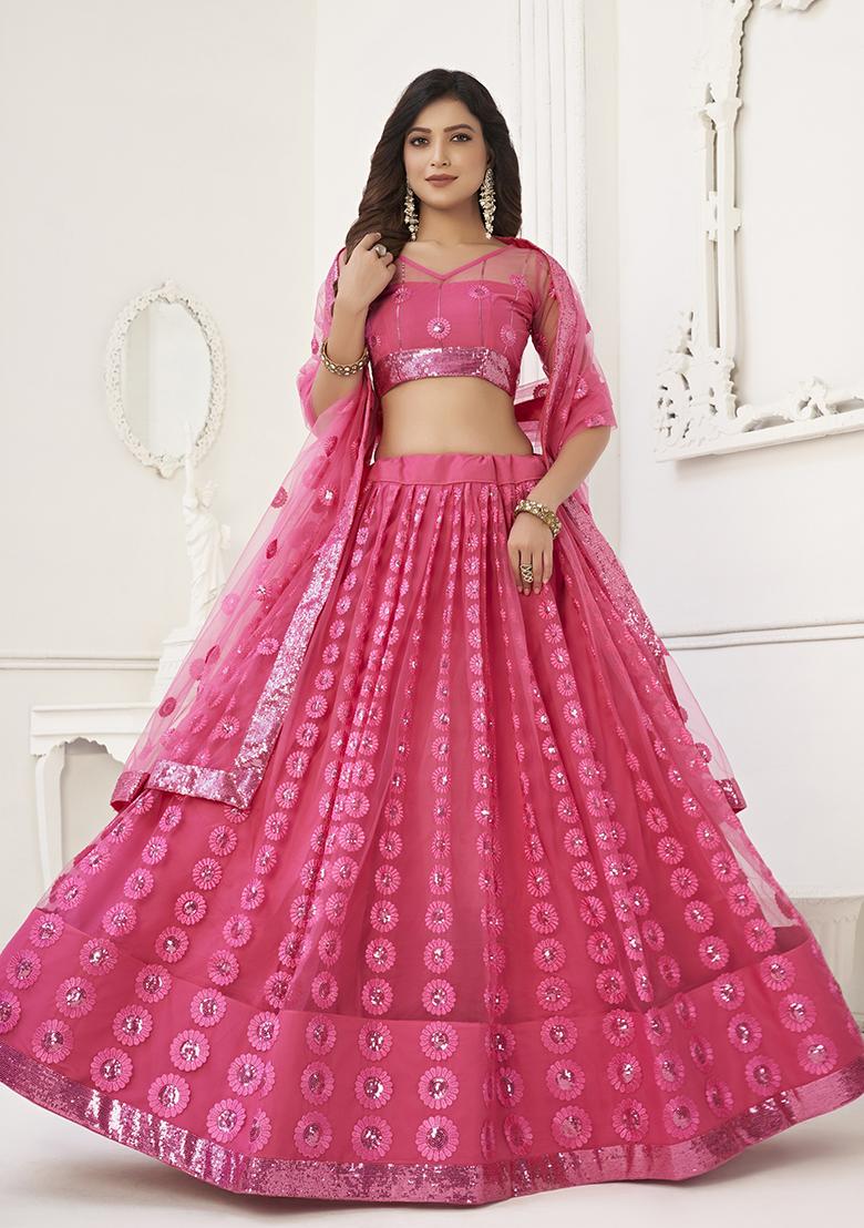 Pink Thread Embroidered Butterfly Net Lehenga Set