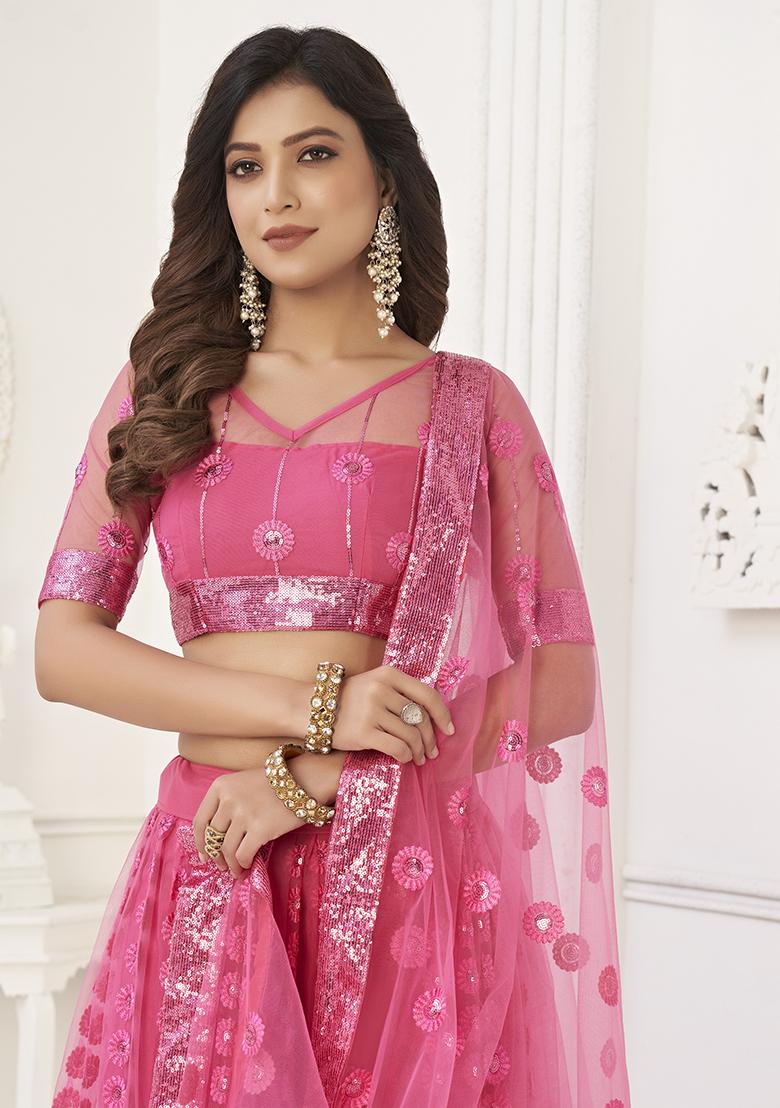 Pink Thread Embroidered Butterfly Net Lehenga Set
