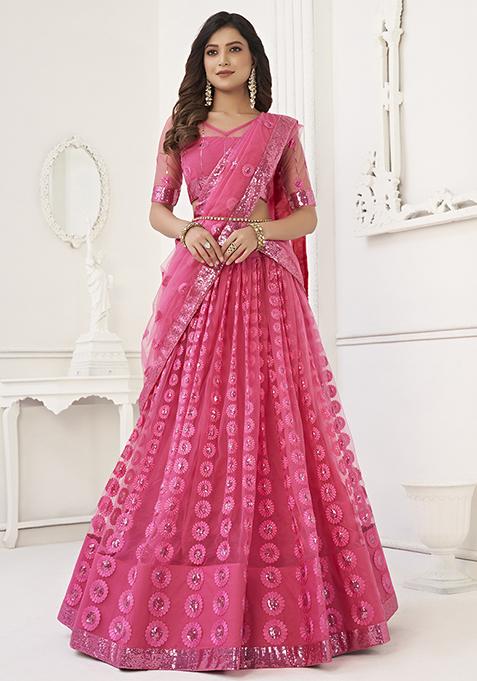 Pink Thread Embroidered Butterfly Net Lehenga Set