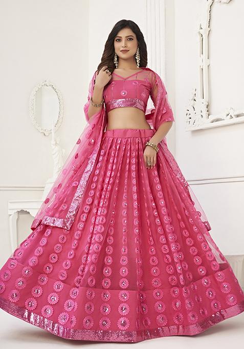 Pink Thread Embroidered Butterfly Net Lehenga Set