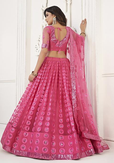 Pink Thread Embroidered Butterfly Net Lehenga Set