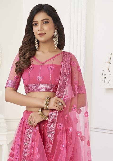 Pink Thread Embroidered Butterfly Net Lehenga Set