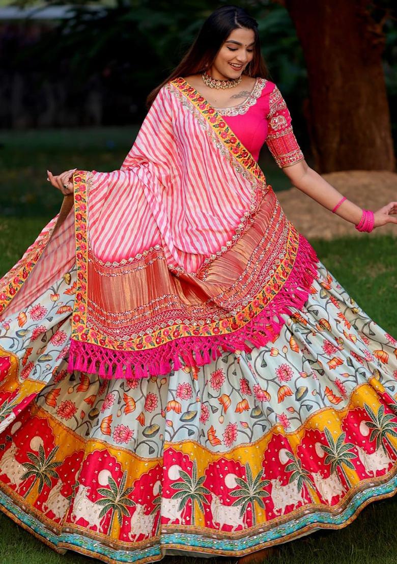 Grey Printed Silk Lehenga Choli - Indya