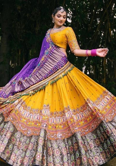 Yellow Printed Silk Lehenga Choli