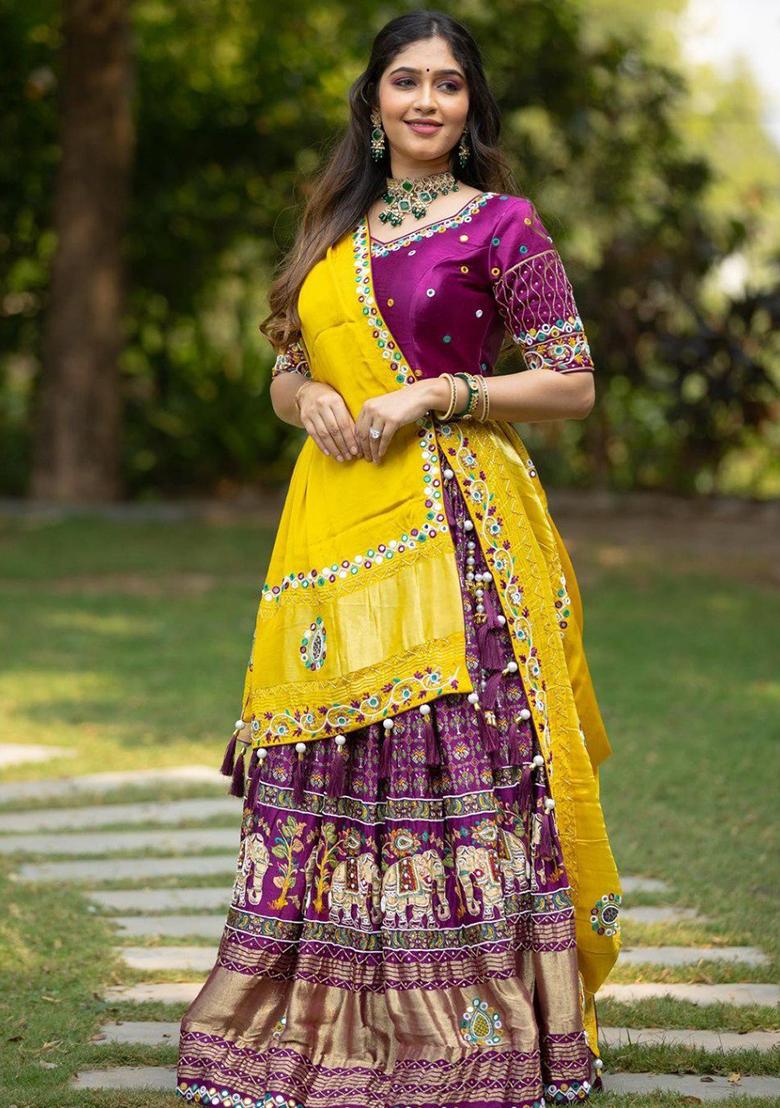 Purple Printed Silk Lehenga Choli - Indya
