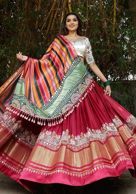 Red Printed Silk Lehenga Choli