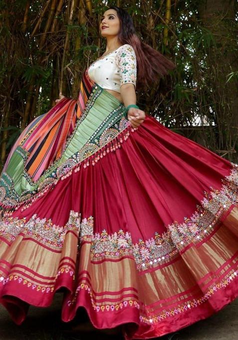 Red Printed Silk Lehenga Choli
