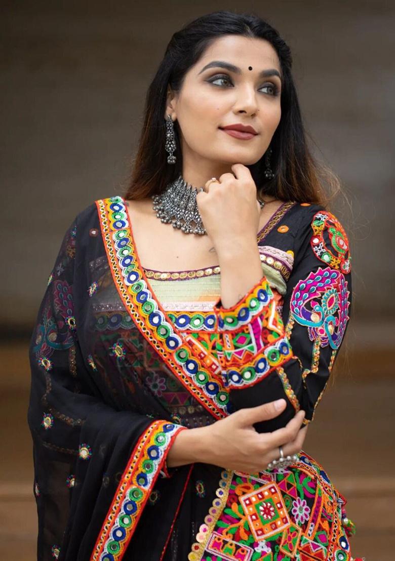 Black Printed Silk Lehenga Choli