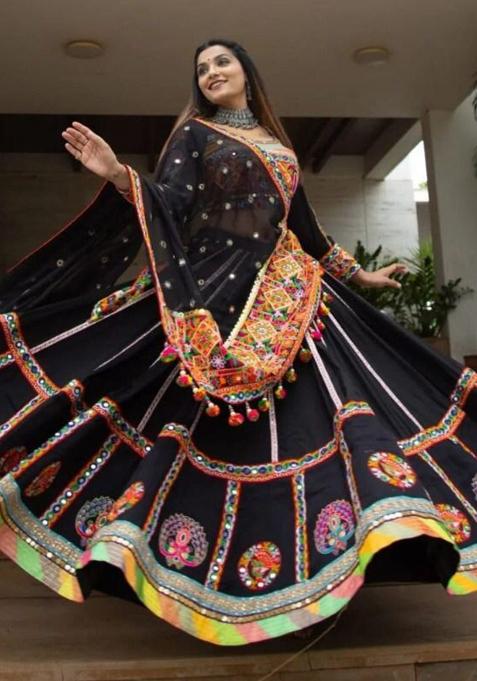 Black Printed Silk Lehenga Choli