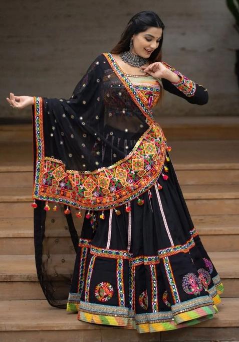 Black Printed Silk Lehenga Choli