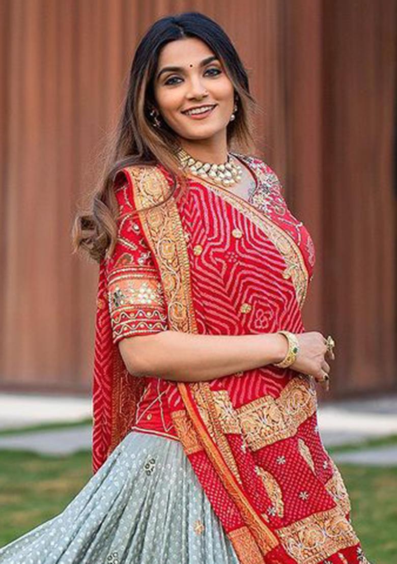 Grey Printed Silk Lehenga Choli - Indya