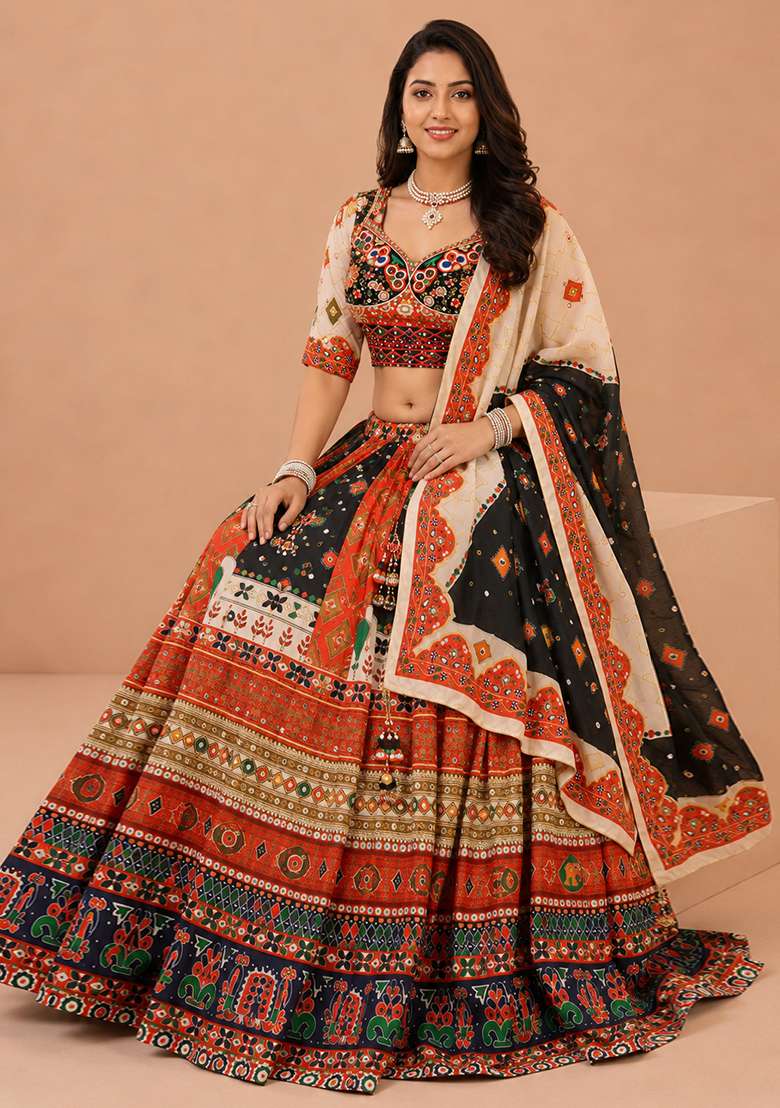 Black Printed Silk Blend Chaniya Choli Set For Navratri And Garba for Diwali | Wedding & Festive Wear - Indya
