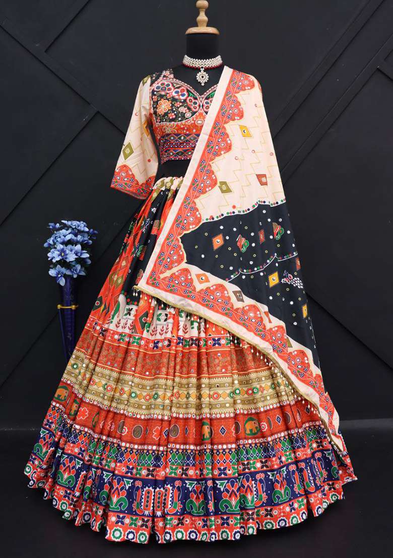 Black Printed Silk Blend Chaniya Choli Set For Navratri And Garba for Diwali | Wedding & Festive Wear - Indya