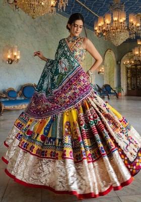 Yellow Printed Silk Lehenga Choli