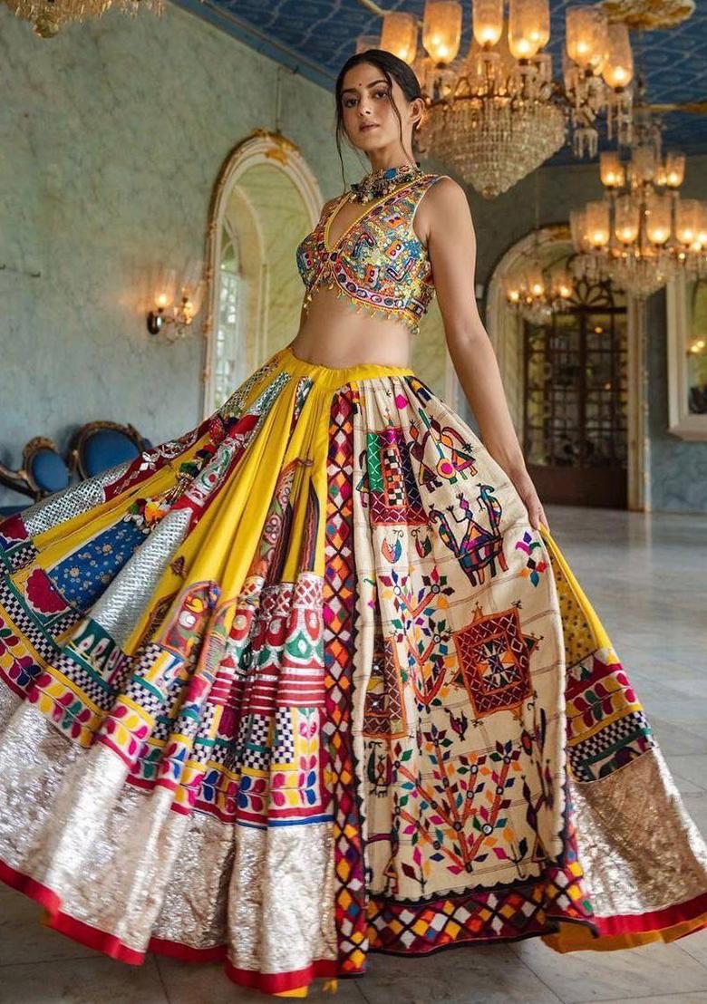 Yellow Printed Silk Lehenga Choli - Indya