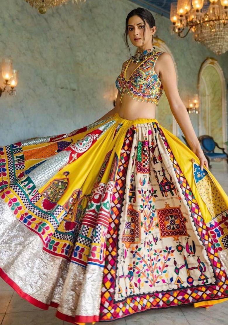 Yellow Printed Silk Lehenga Choli