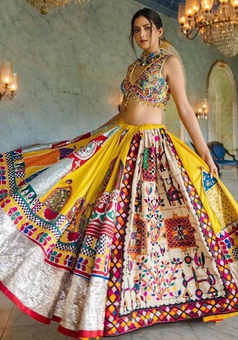 Yellow Printed Silk Lehenga Choli