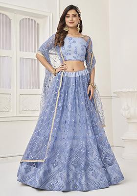 Blue Thread Embroidered Butterfly Net Lehenga Set