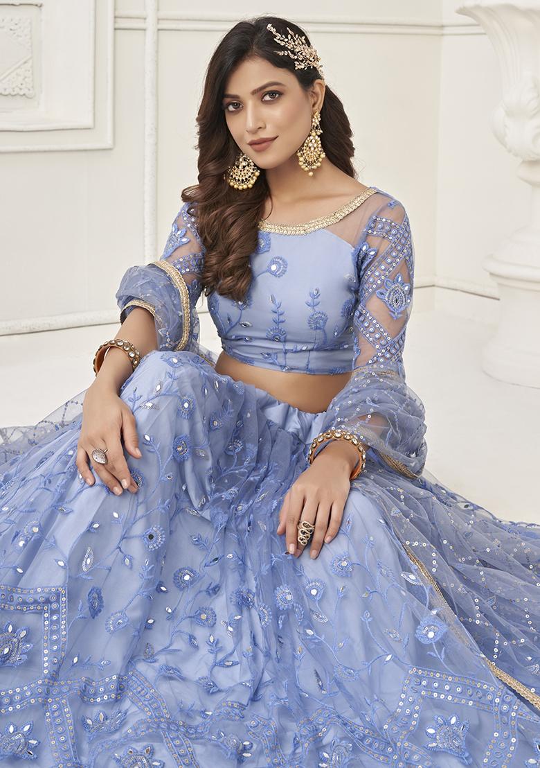 Blue Thread Embroidered Butterfly Net Lehenga Set