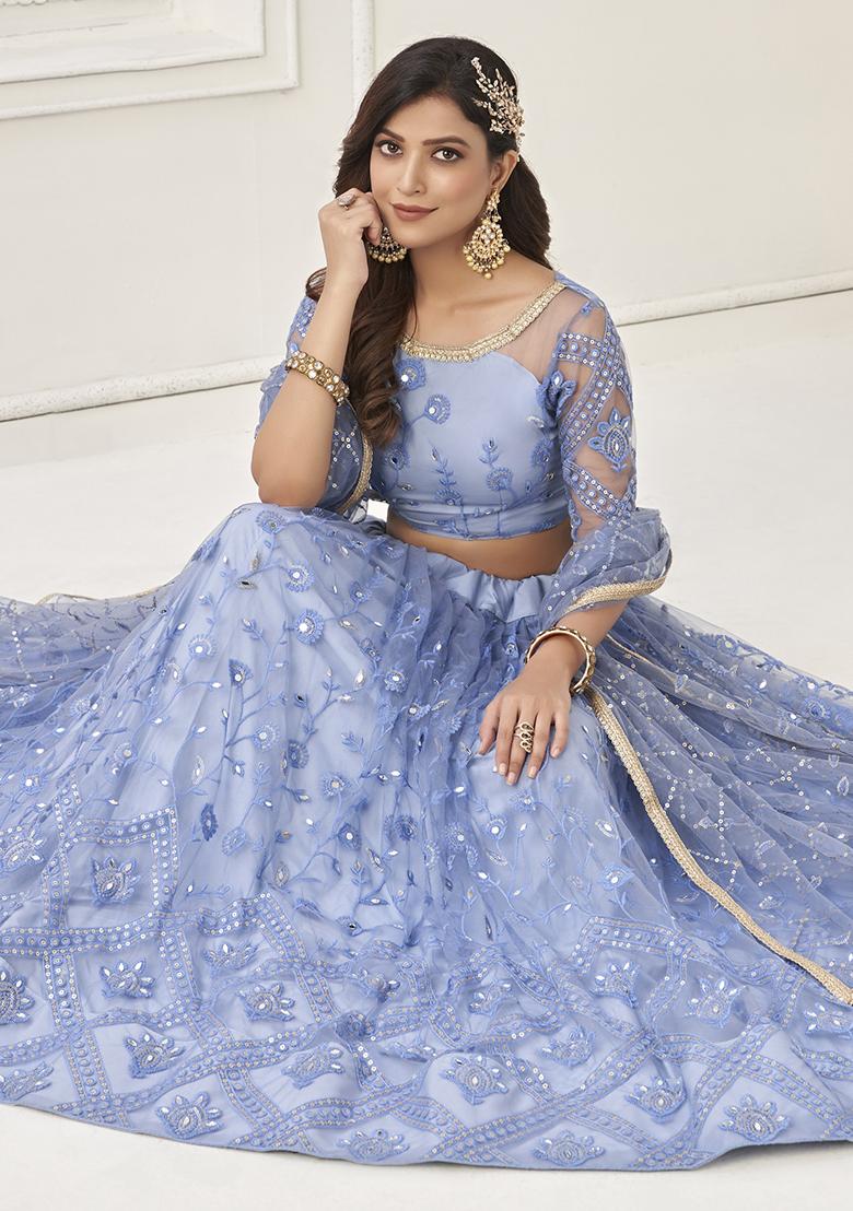 Blue Thread Embroidered Butterfly Net Lehenga Set
