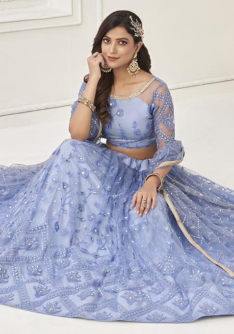 Blue Thread Embroidered Butterfly Net Lehenga Set