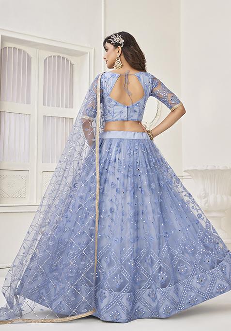 Blue Thread Embroidered Butterfly Net Lehenga Set