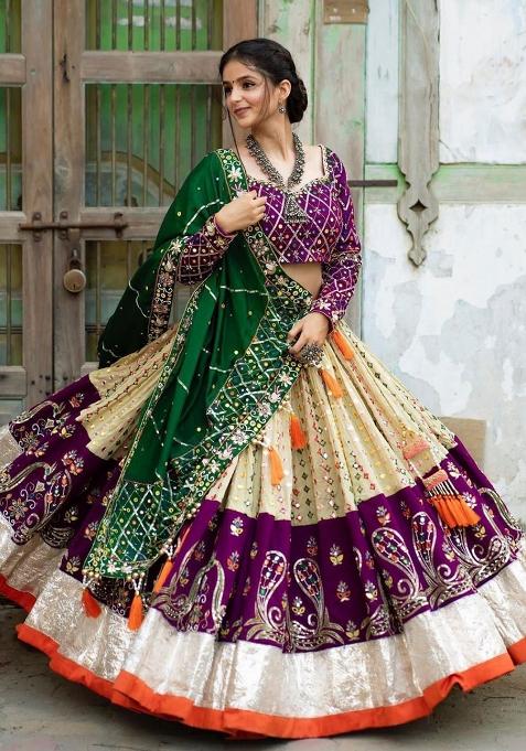 White Printed Silk Lehenga Choli