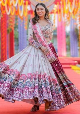White Printed Silk Lehenga Choli