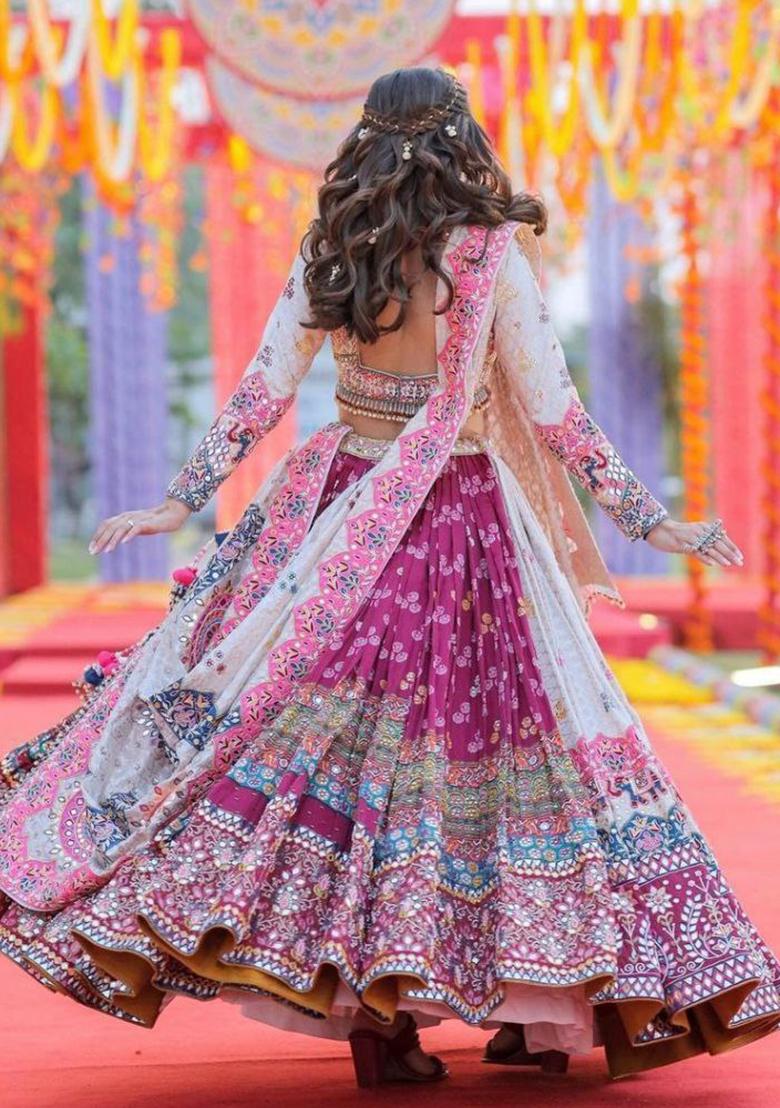 White Printed Silk Lehenga Choli - Indya