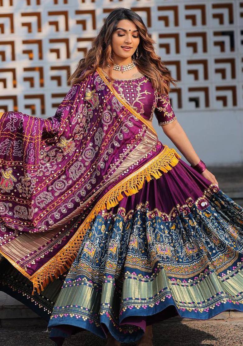 Wine Printed Silk Lehenga Choli