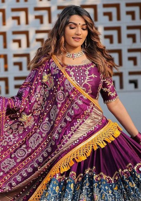 Wine Printed Silk Lehenga Choli