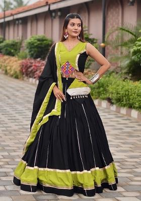 Black Mirror Work Cotton Lehenga Choli With Dupatta