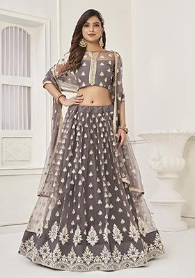 Grey Thread Embroidered Butterfly Net Lehenga Set