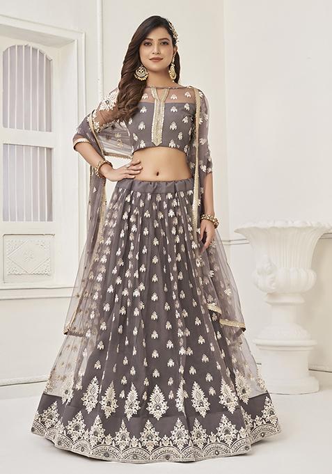 Grey Thread Embroidered Butterfly Net Lehenga Set