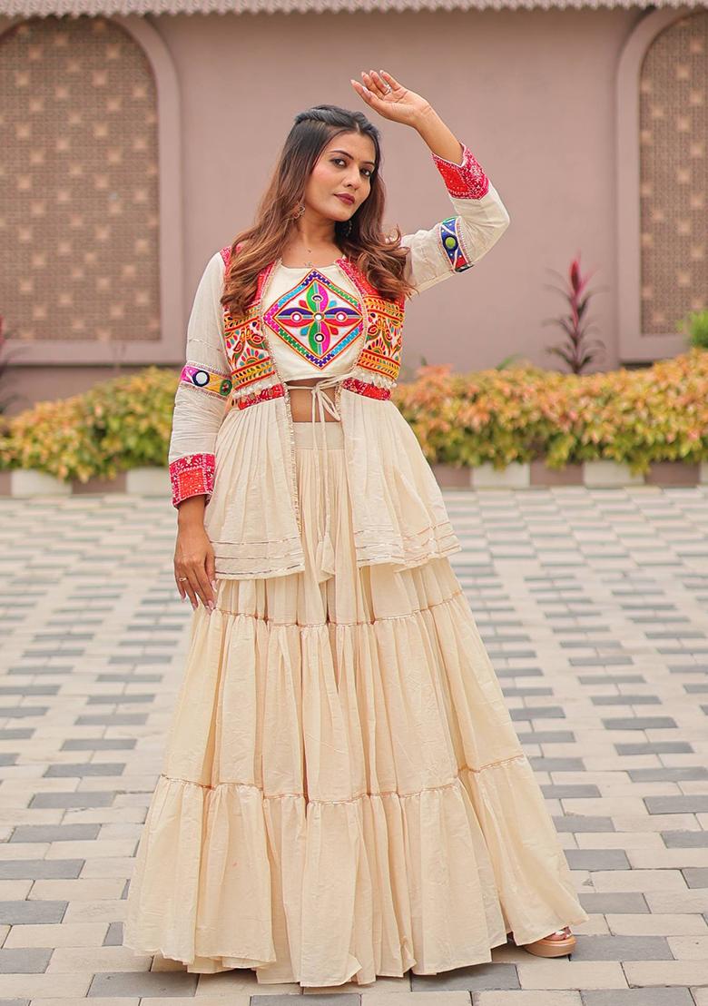 White Embroidered Cotton Lehenga Choli