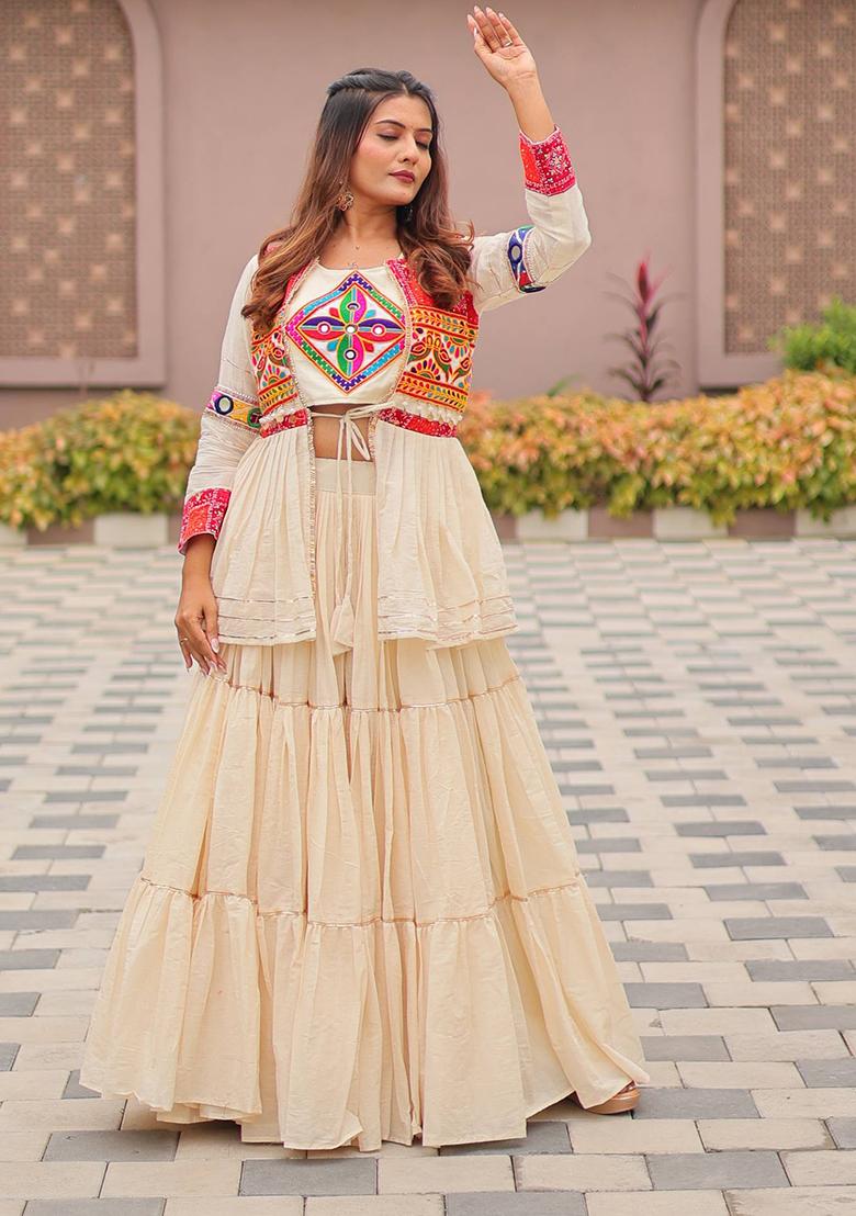 White Embroidered Cotton Lehenga Choli