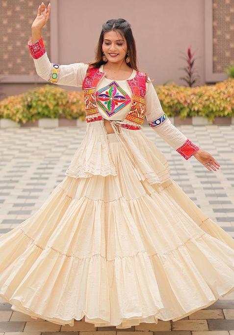 White Embroidered Cotton Lehenga Choli