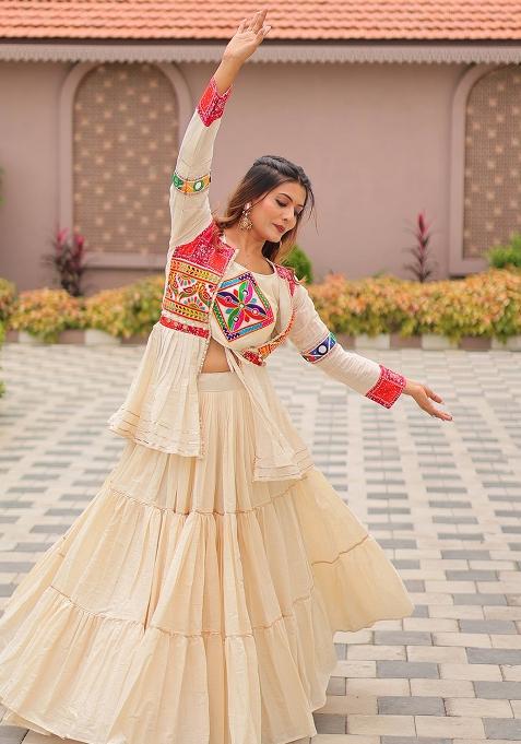 White Embroidered Cotton Lehenga Choli