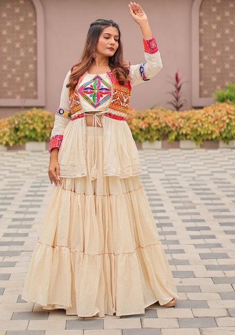 White Embroidered Cotton Lehenga Choli