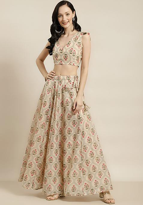White Digital Printed Silk Lehenga Set — view on Indya