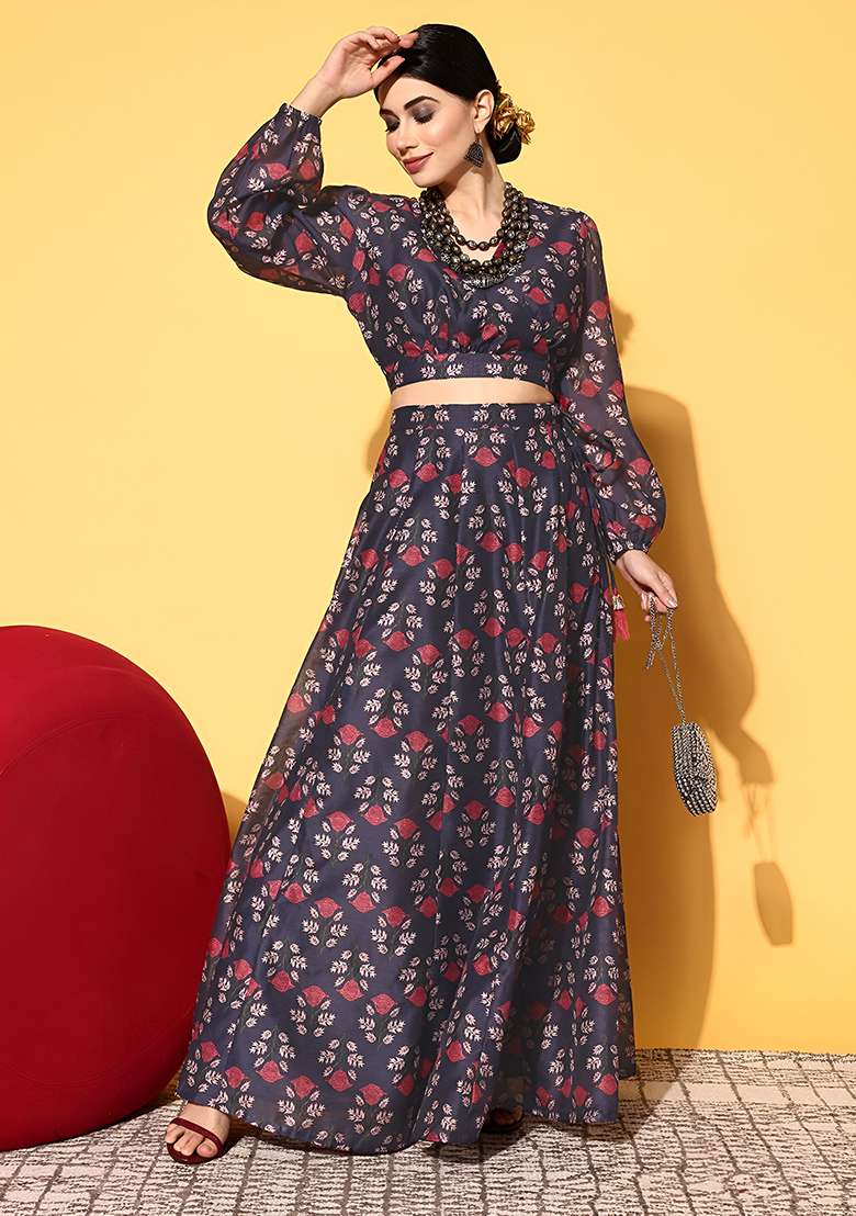 Blue Digital Printed Silk Blend Lehenga Set for Diwali and Festive Wear - Indya