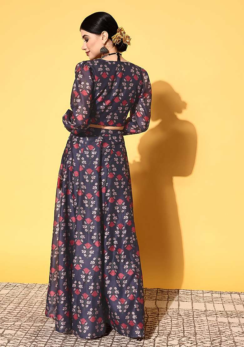 Blue Digital Printed Silk Blend Lehenga Set for Diwali and Festive Wear - Indya