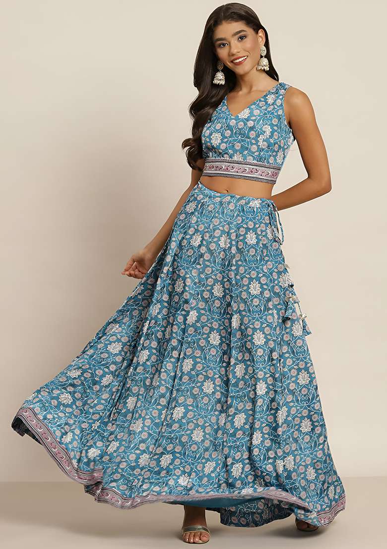 Blue Digital Printed Silk Blend Lehenga Set for Diwali and Festive Wear - Indya