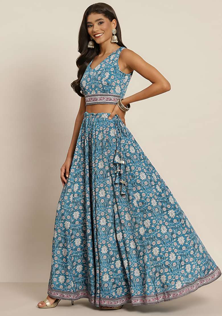 Blue Digital Printed Silk Blend Lehenga Set for Diwali and Festive Wear - Indya