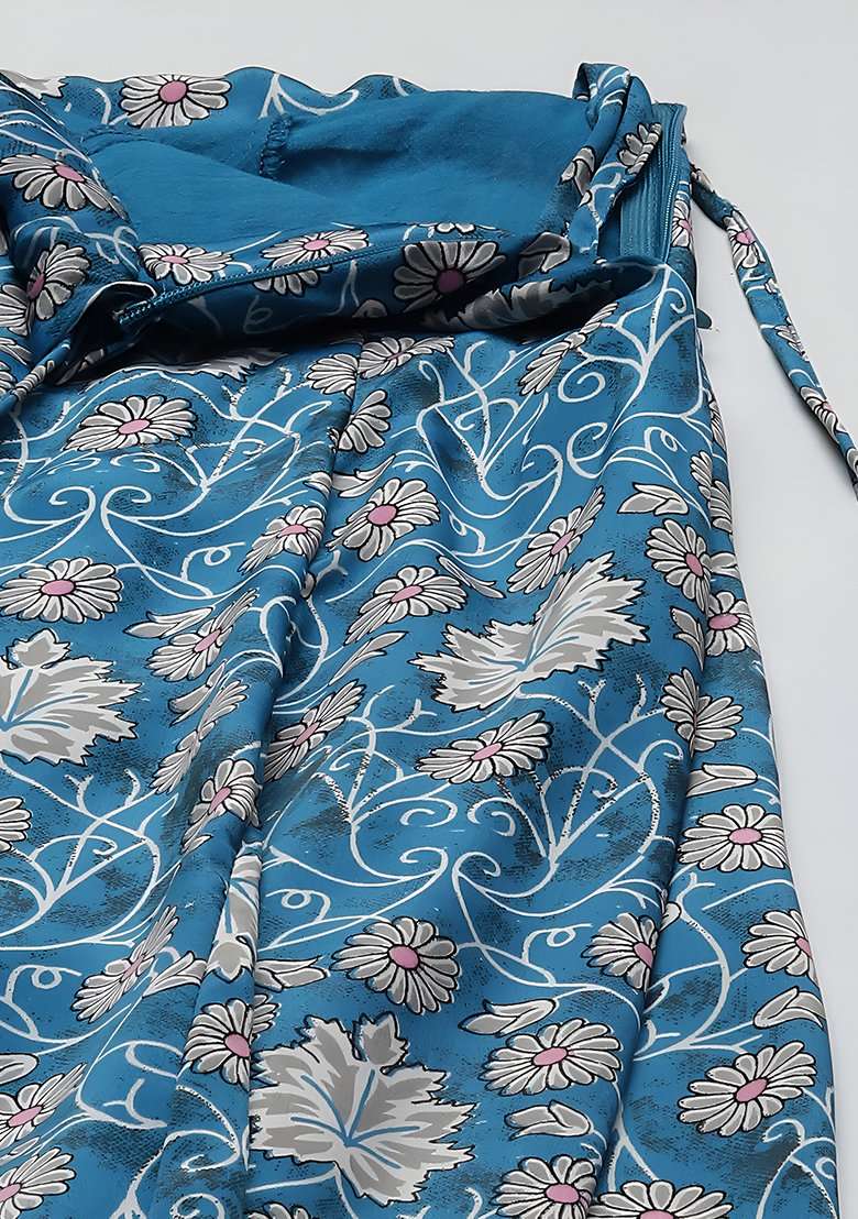 Blue Digital Printed Silk Blend Lehenga Set for Diwali and Festive Wear - Indya